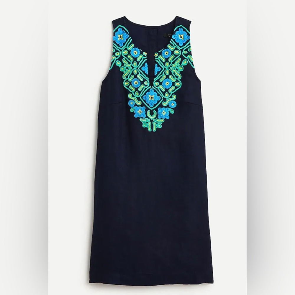 JCrew Button-back linen shift dress with embroidery